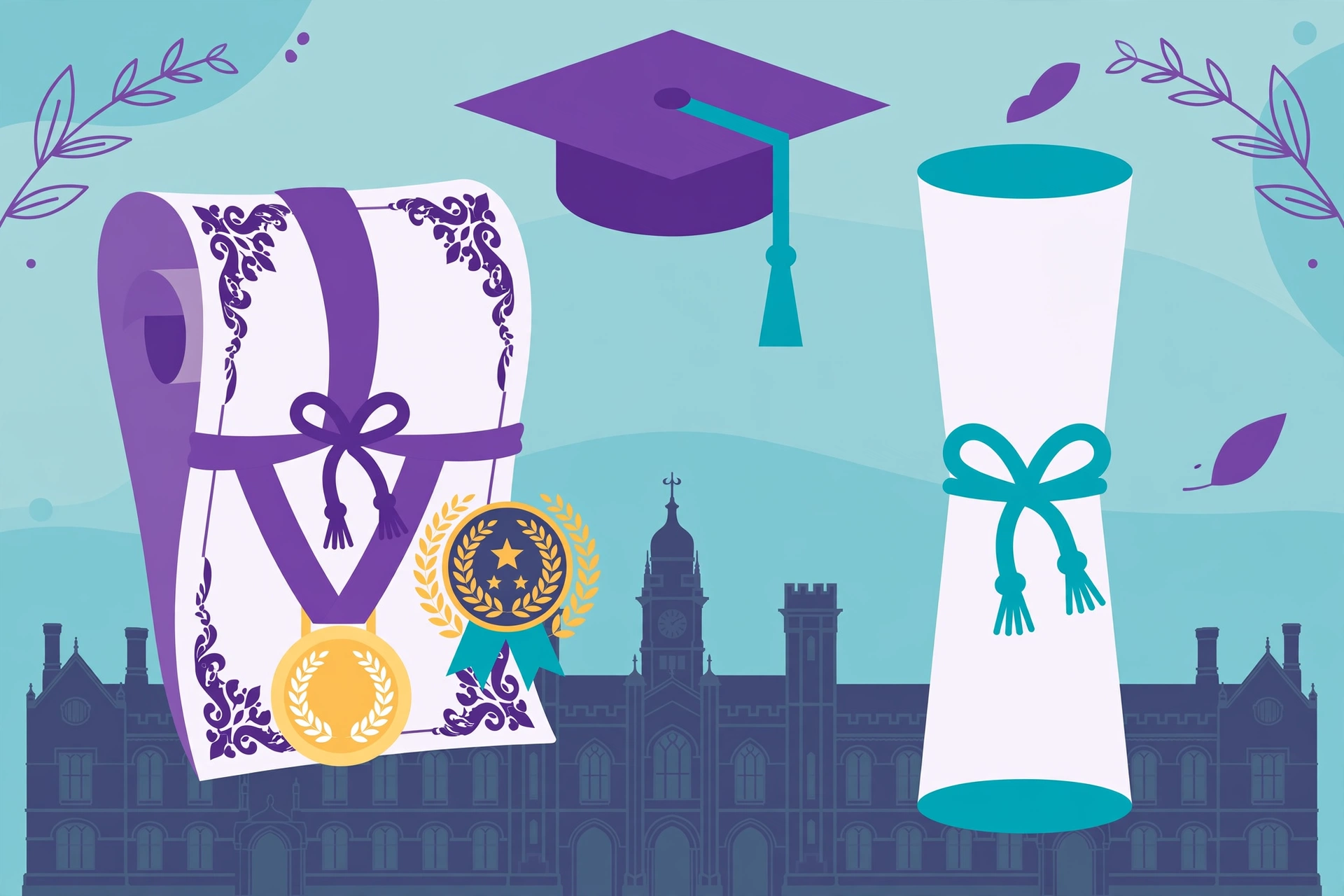 Vector illustration comparing an honours vs ordinary degree for UK university students, showing a classified honours scroll with medal beside a plain ordinary degree scroll
