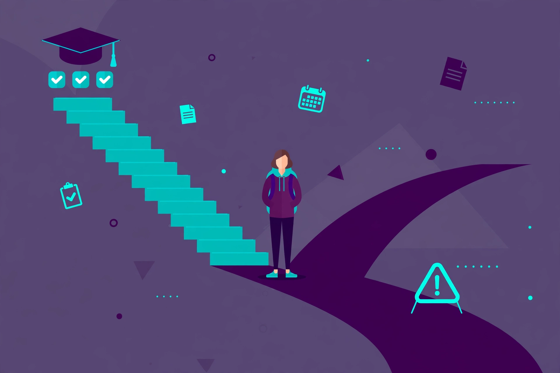 Illustration of a UK university student at a crossroads between academic probation recovery and repeating a year