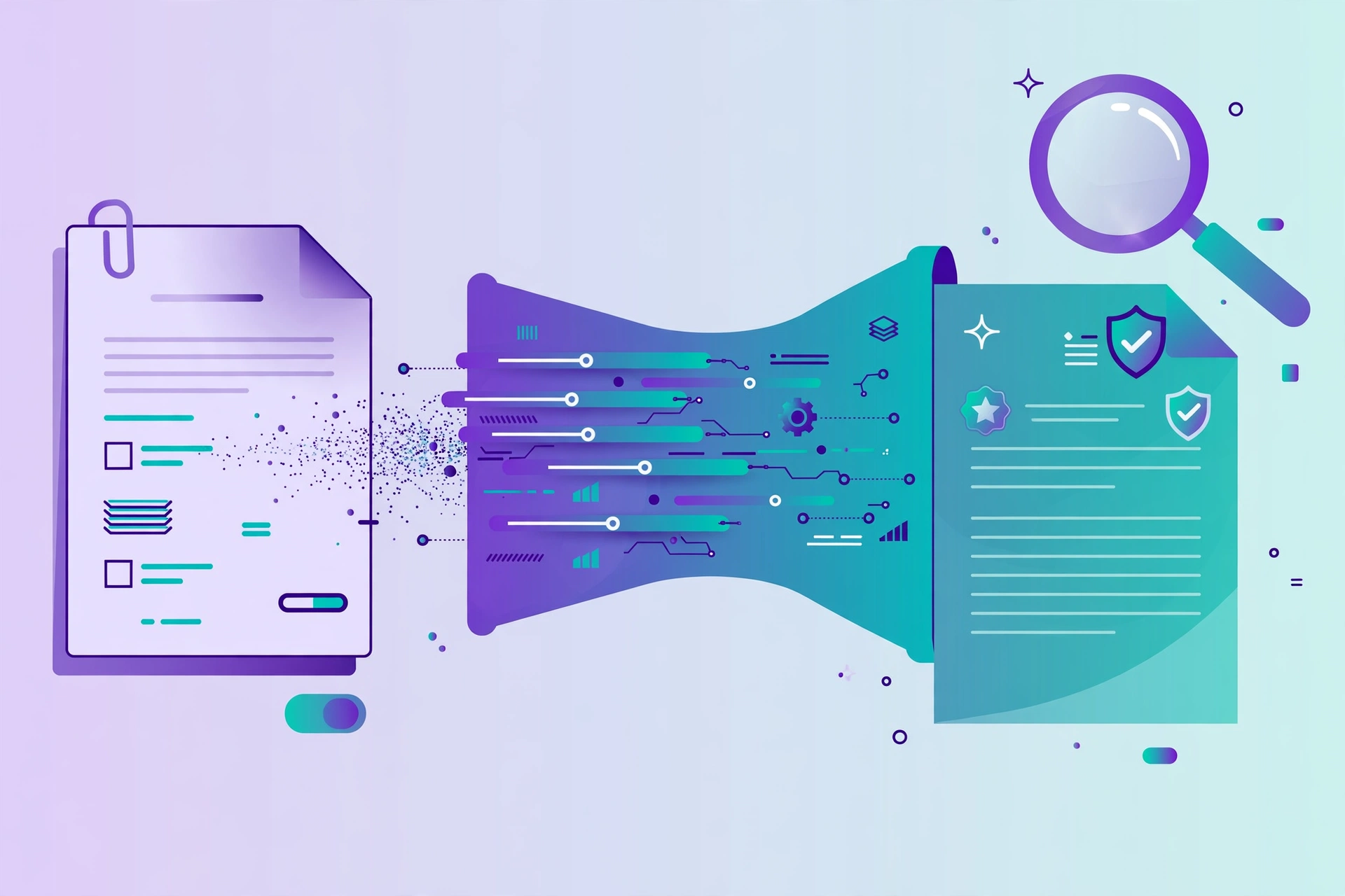 Illustration of a UCAS-style application document passing through an AI admissions filters funnel - ai admissions filters UK universities explained