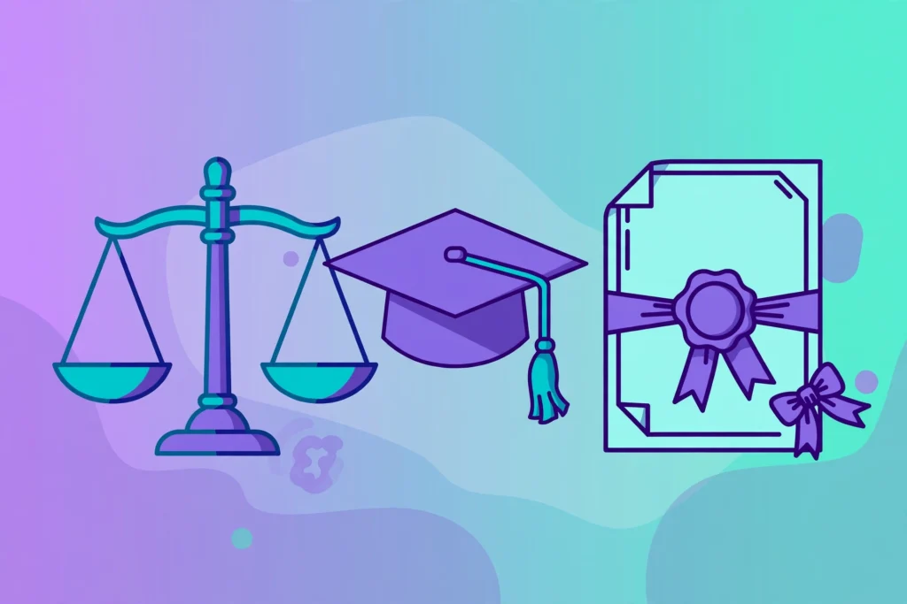 Illustration of the scales of justice, a graduation cap and a degree certificate for becoming a barrister