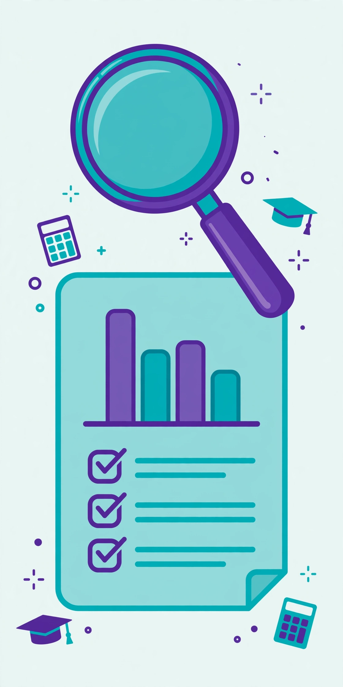 Check your marks illustration: a magnifying glass over a university grade report with a checklist and bar chart