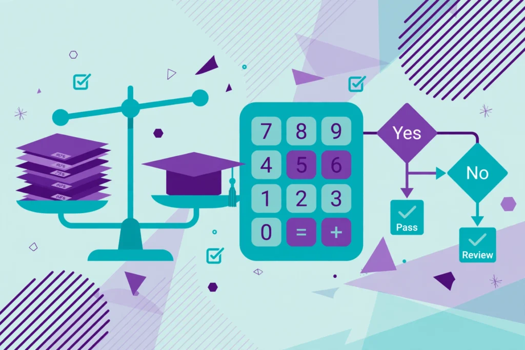 Illustration of a UK degree classification algorithm weighing module marks on a balance scale