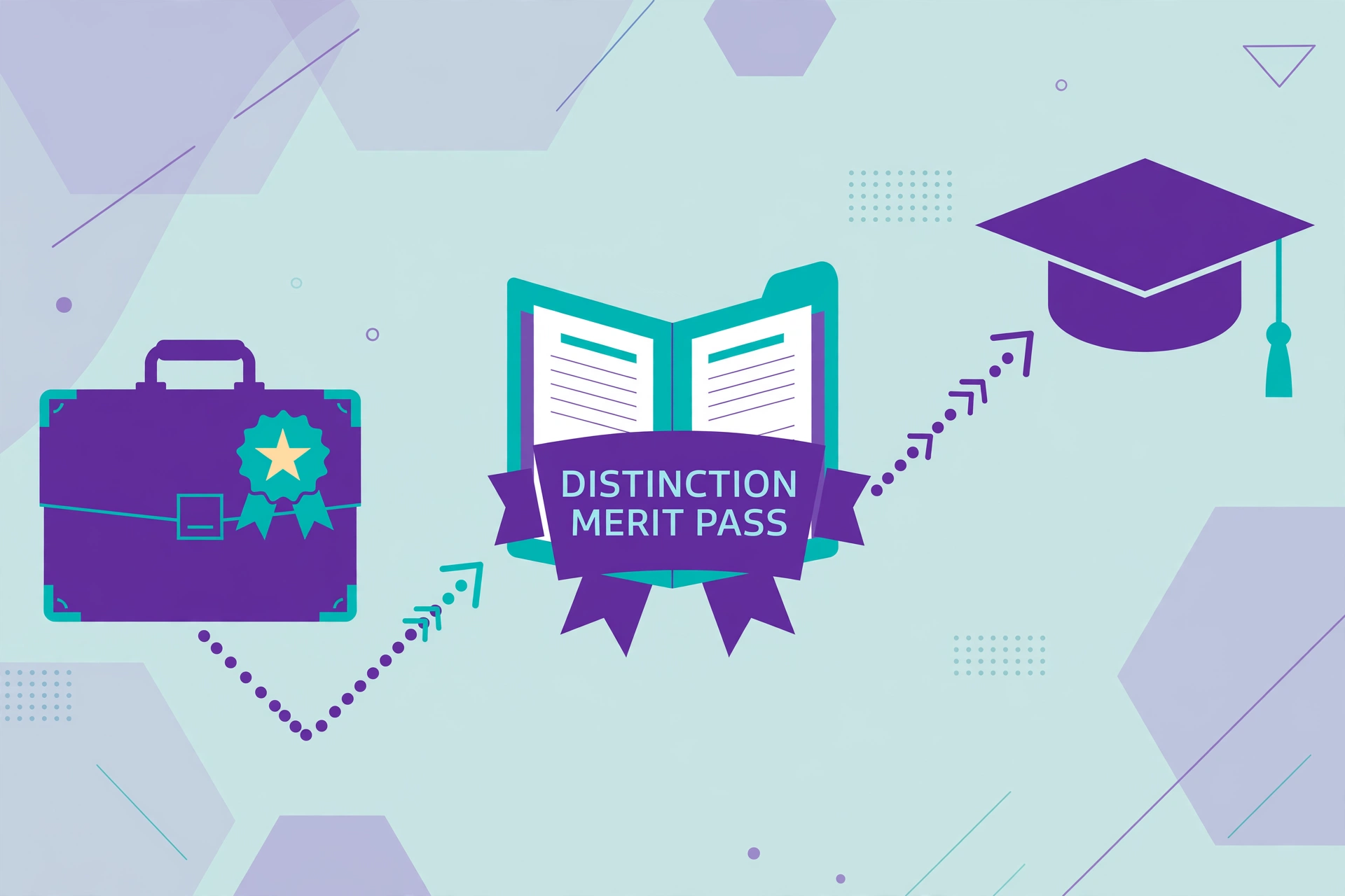 Degree apprenticeship grading illustration showing the journey from workplace briefcase through distinction merit pass grading to a graduation cap