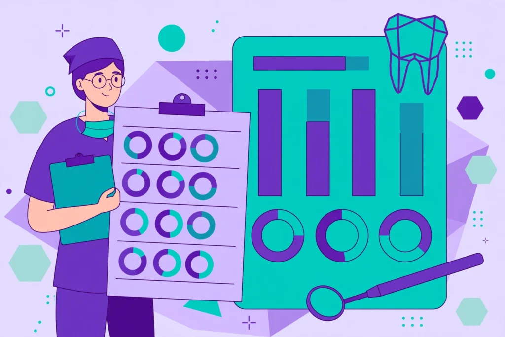 Dentistry degrees graded — vector illustration of a dental student with grade report