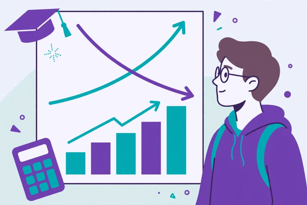 Economics degrees graded — illustration of a student analysing economic charts and grade data