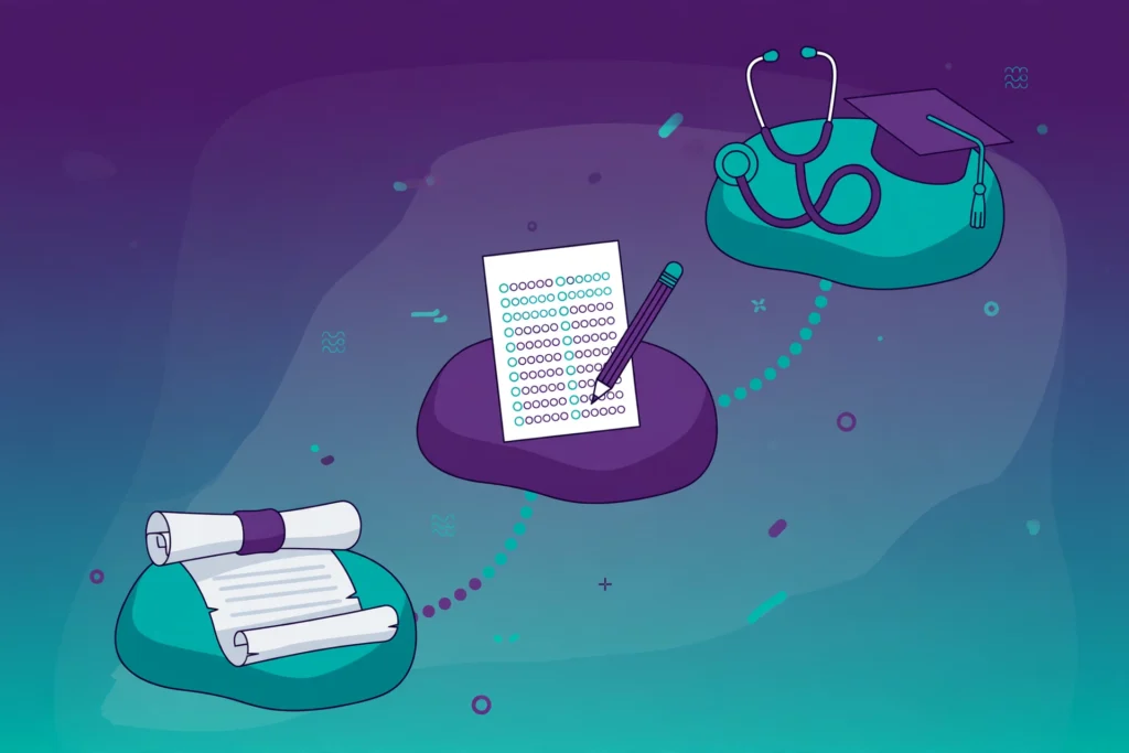 Graduate entry medicine journey illustration showing degree, admissions test and medical career milestones