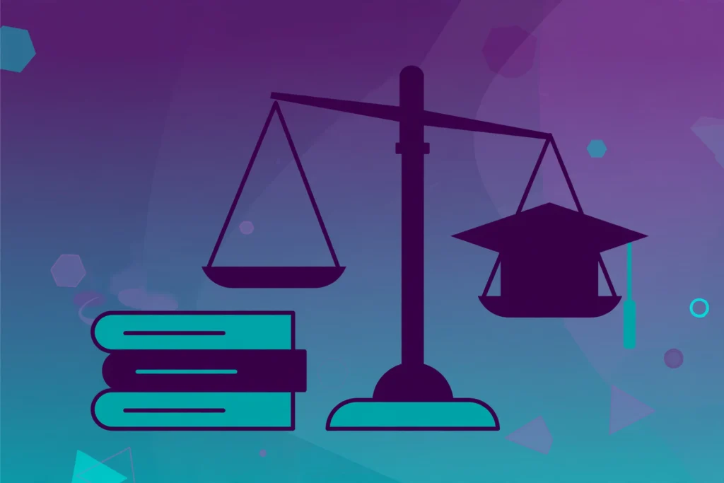 Illustration of how law degrees are graded — scales of justice balanced with a graduation cap