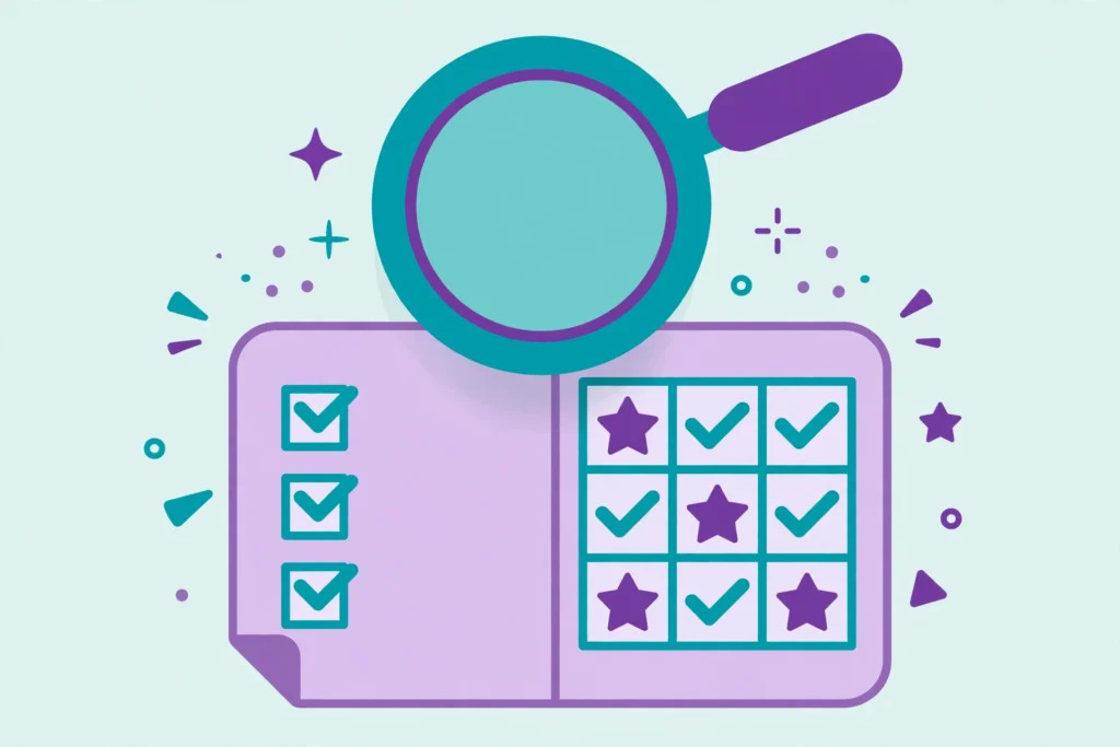 Illustration of a university marking criteria rubric grid examined under a magnifying glass