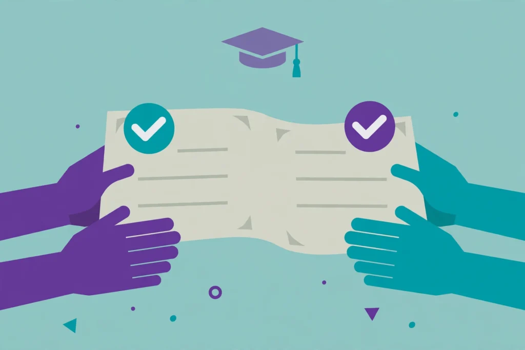 Marking moderation illustration: a student exam script passing through two reviewers' hands with checkmarks, representing second marking and moderation
