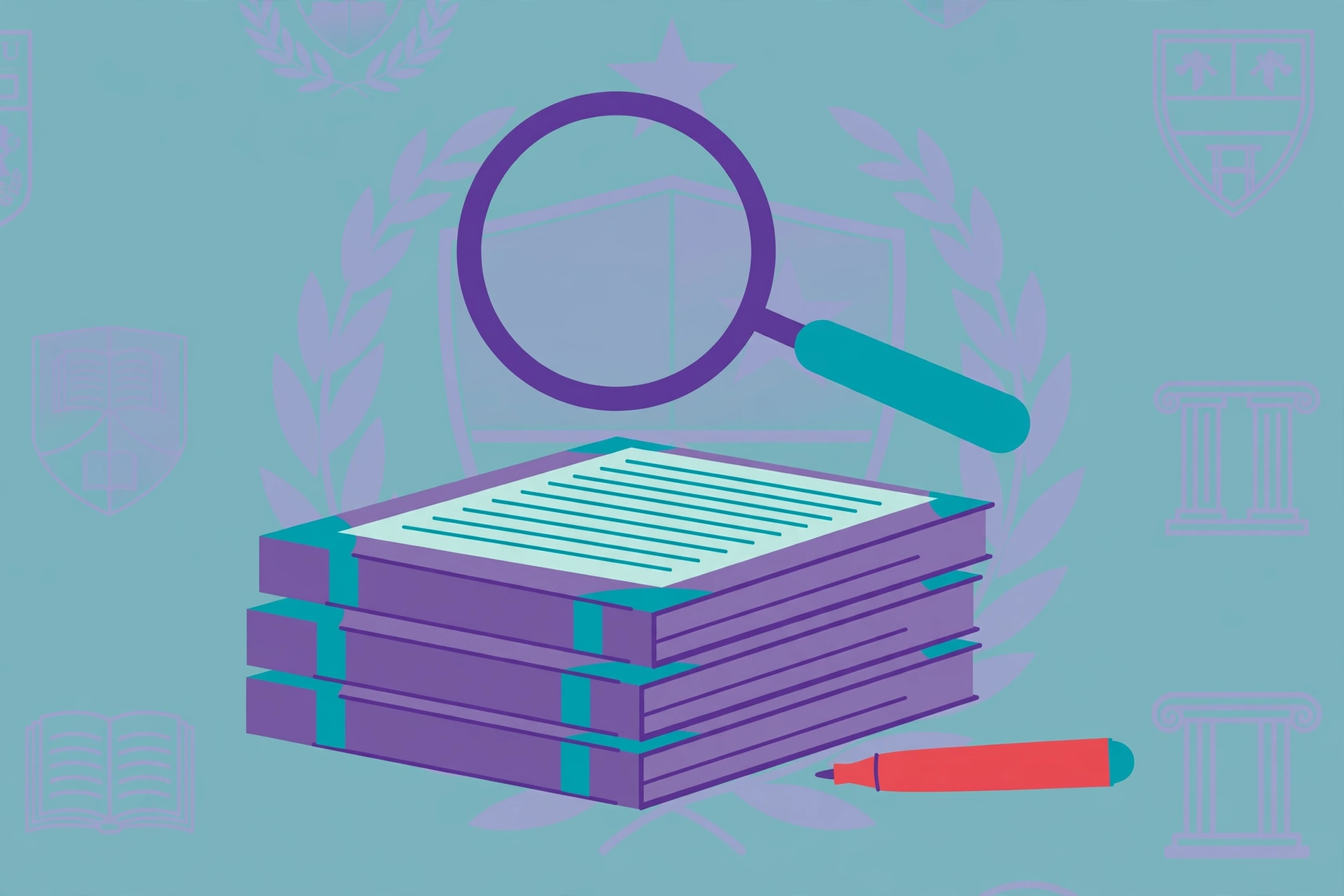 Illustration showing a magnifying glass over marked exam scripts - see your marked exam scripts UK student rights