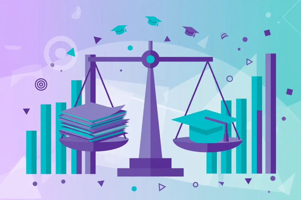 Illustration of maths degrees graded in the UK: exam papers and graduation cap on balancing scales