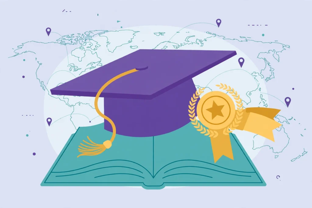 GREAT Scholarships 2027 — vector illustration of a graduation cap, award medal and world map for international scholarship applicants