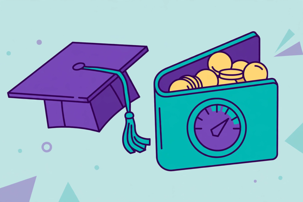 Lifelong learning entitlement funding pot — graduation cap and wallet with pound coins, showing how grades affect your £39,160 pot
