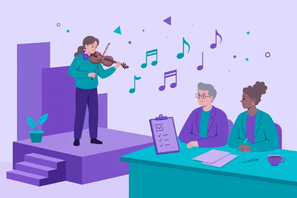 Music degrees graded - illustration of a violin recital marked by an examiner panel