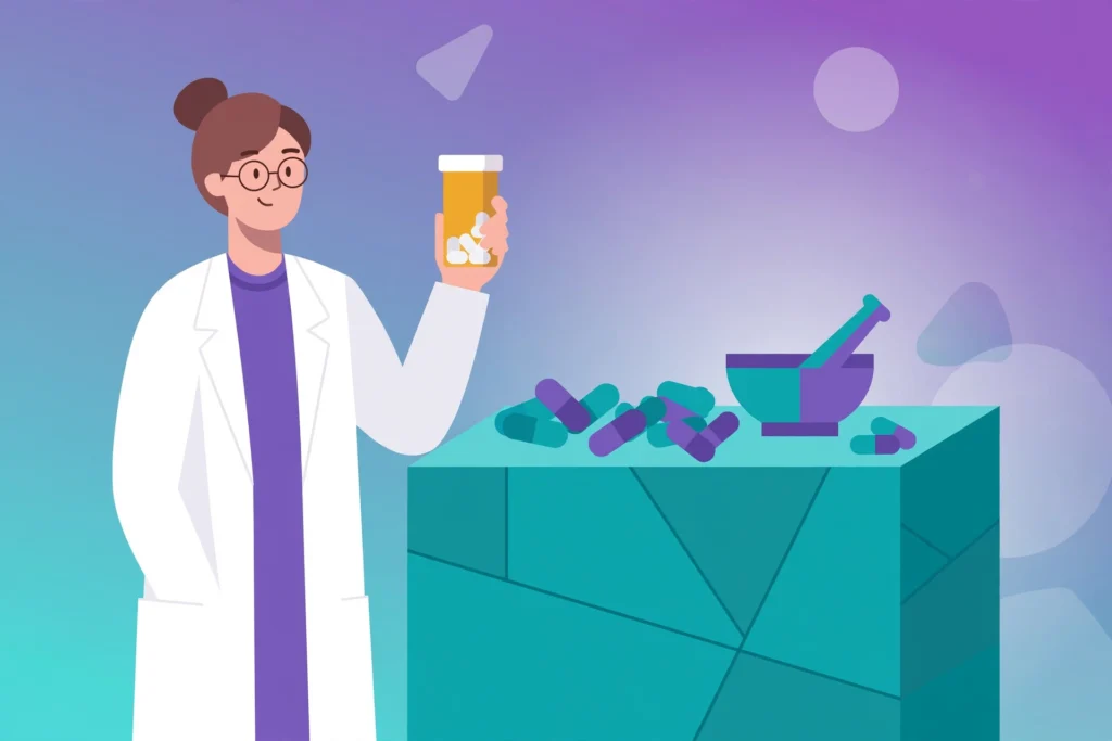 Pharmacy student in a white coat dispensing medicines — pharmacy degrees graded UK illustration