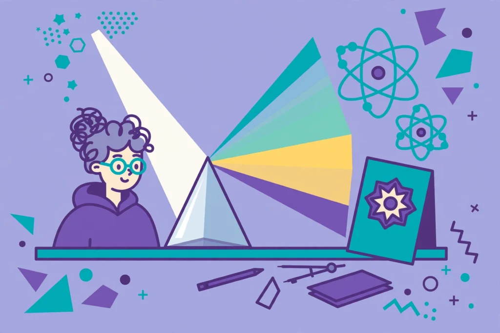 Physics degrees graded — vector illustration of a physics student with lab equipment and grade report