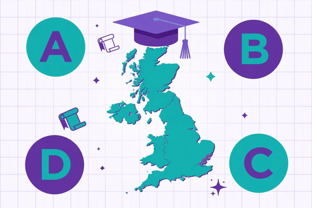 Scottish degree classification illustration showing a graduation cap over Scotland with letter-grade badges