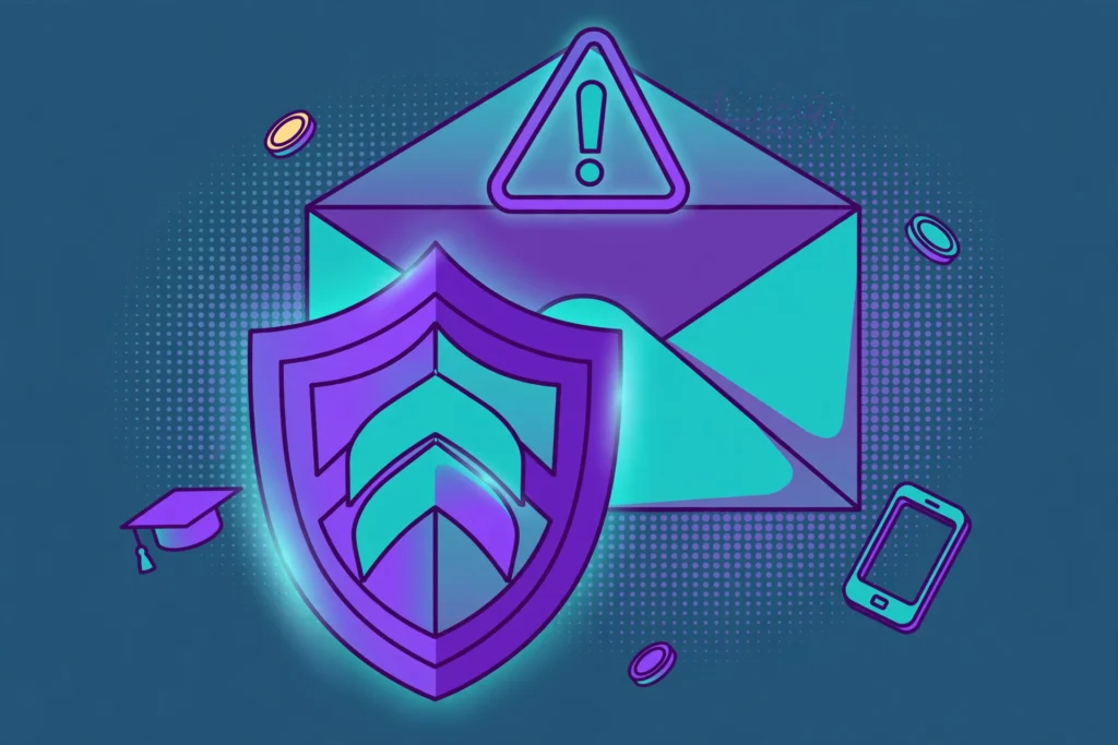 Shield protecting UK students from student scams - fake grade emails and loan fraud warning illustration