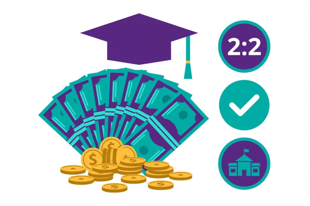 Graduation cap with banknotes and a 2:2 badge — teacher training bursaries UK illustration