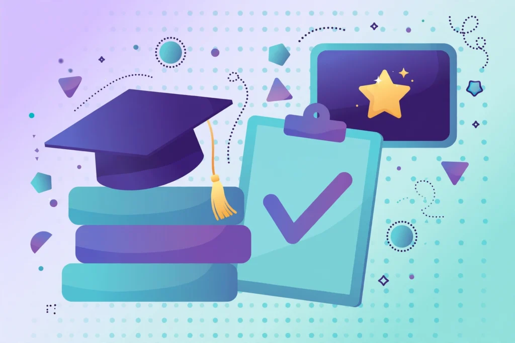 Vector illustration of how teaching degrees are graded — graduation cap, books and a clipboard checklist
