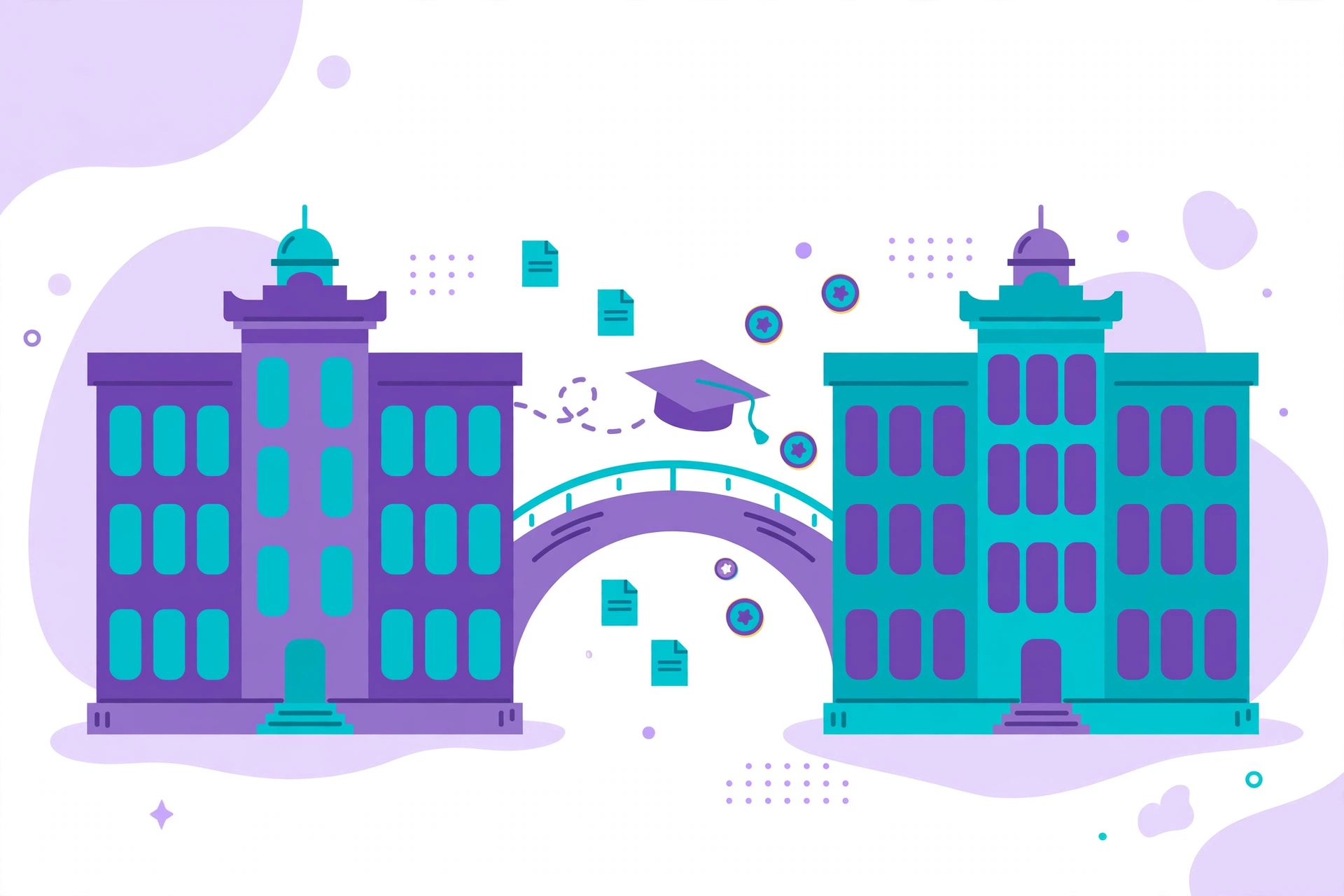 Illustration of how to transfer universities UK — a student moving between two university buildings with their credits
