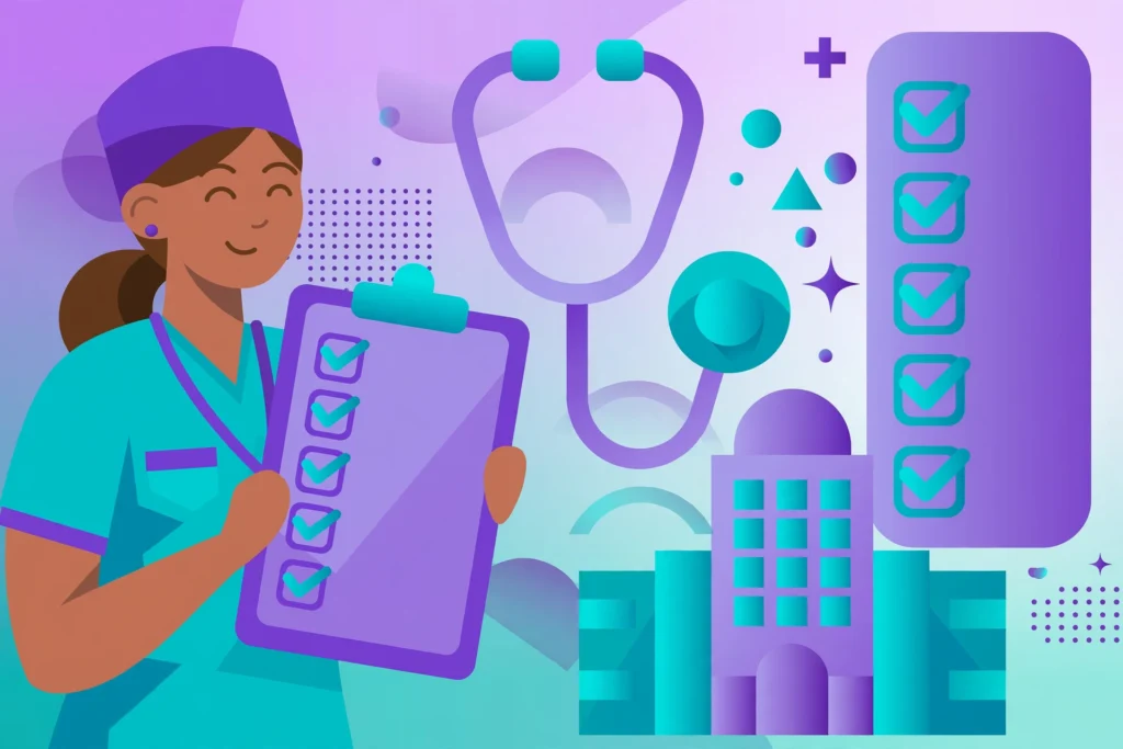 Nursing degrees graded in the UK: illustration of a nursing student reviewing theory marks and placement checklist