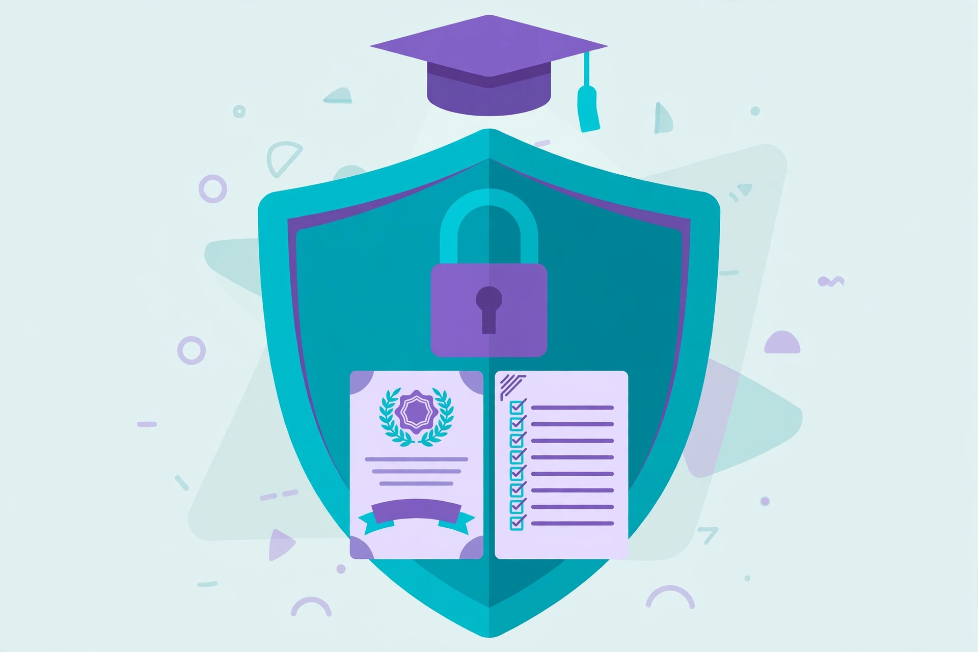 Parents see university grades UK — vector illustration of a shield and padlock protecting a graduate transcript