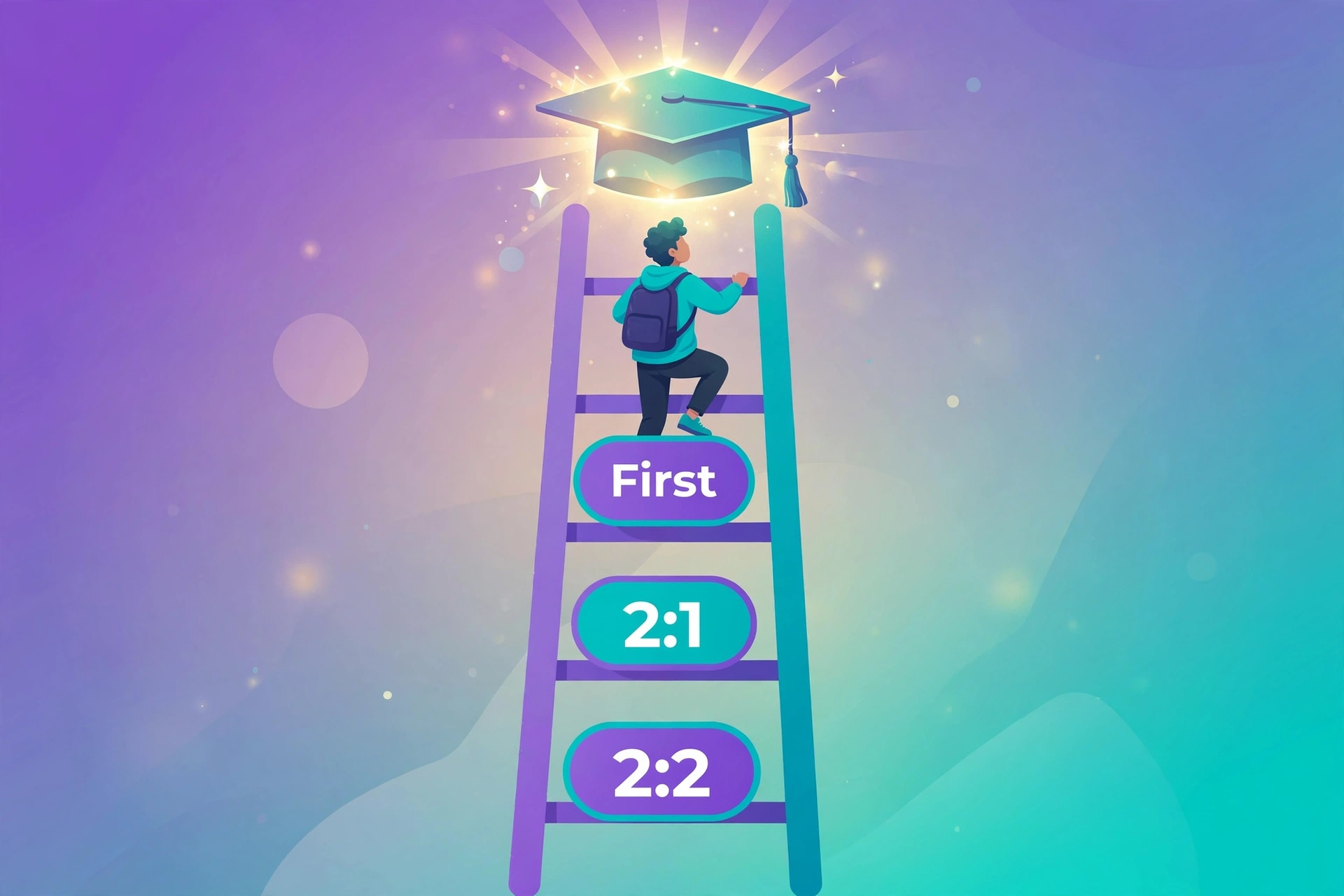 Academic ladder from 2:2 to First leading to a doctoral cap — PhD entry requirements UK illustration