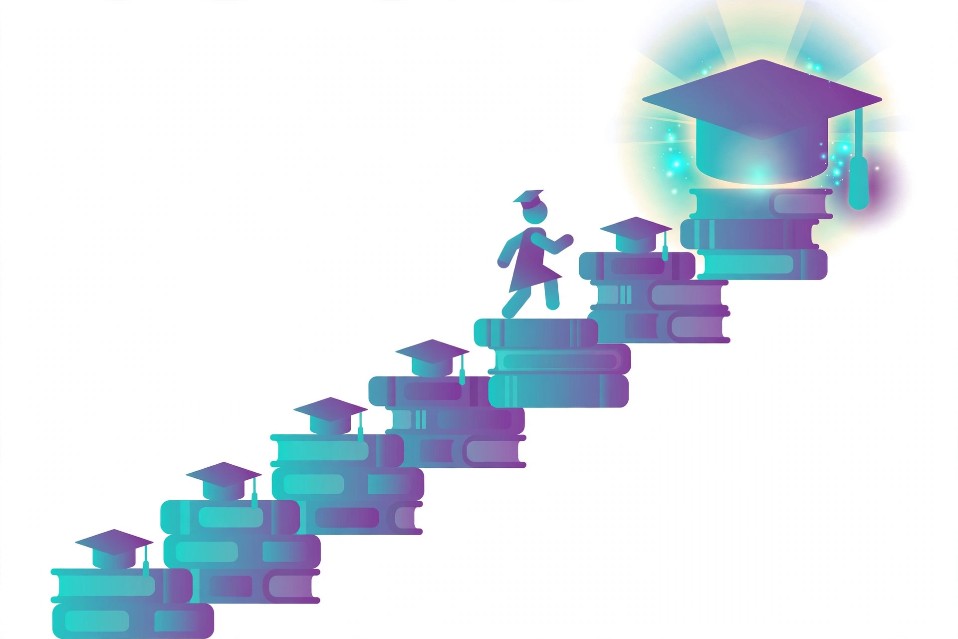 Illustration of PhD with a 2:2 entry routes — a student climbing book steps toward a doctoral cap