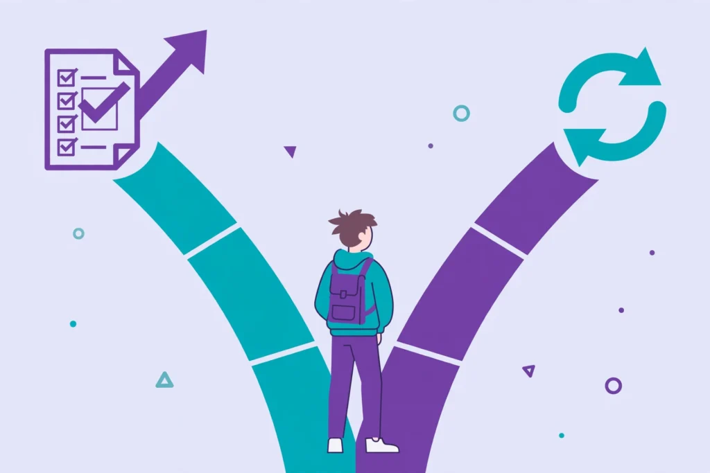 Illustration of a student choosing between improving grades on remaining modules or retaking — retake a module to improve your grade