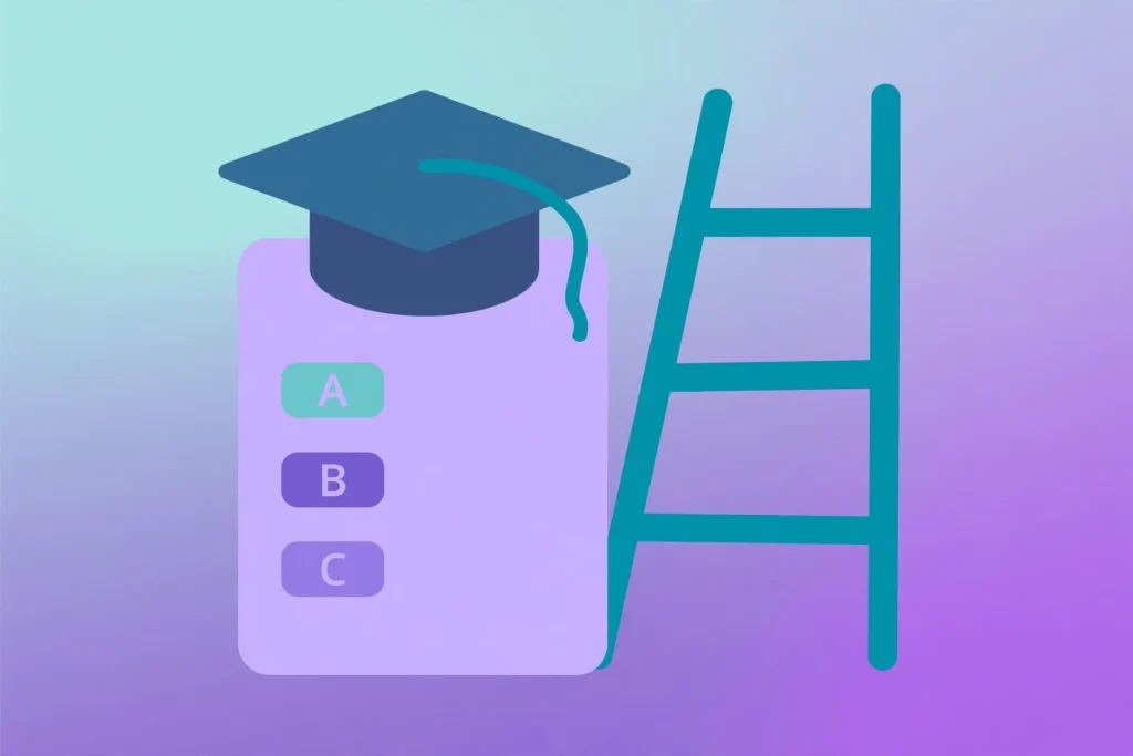 Russell Group university entry grades illustration: graduation cap on A-level results with rising steps