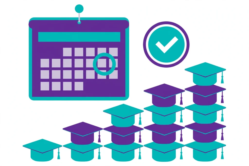 University results day illustration: results release calendar with circled date and rising graduation-cap chart