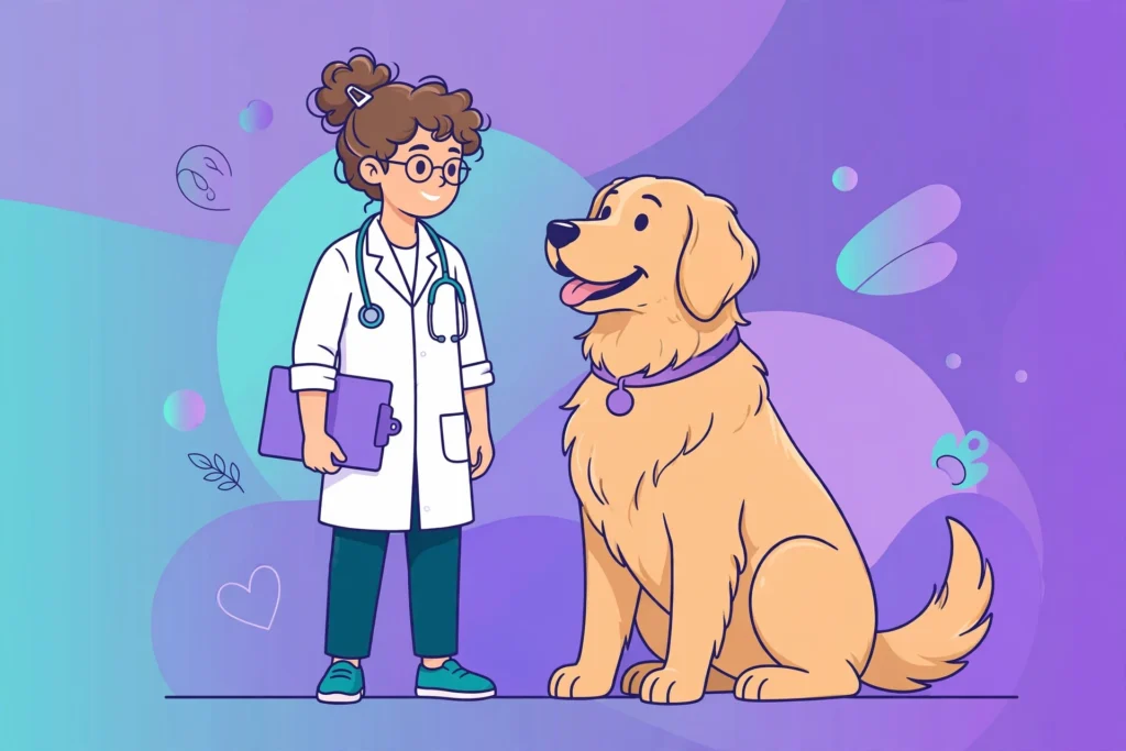 Vet student with clipboard and stethoscope beside a dog — veterinary degrees graded illustration