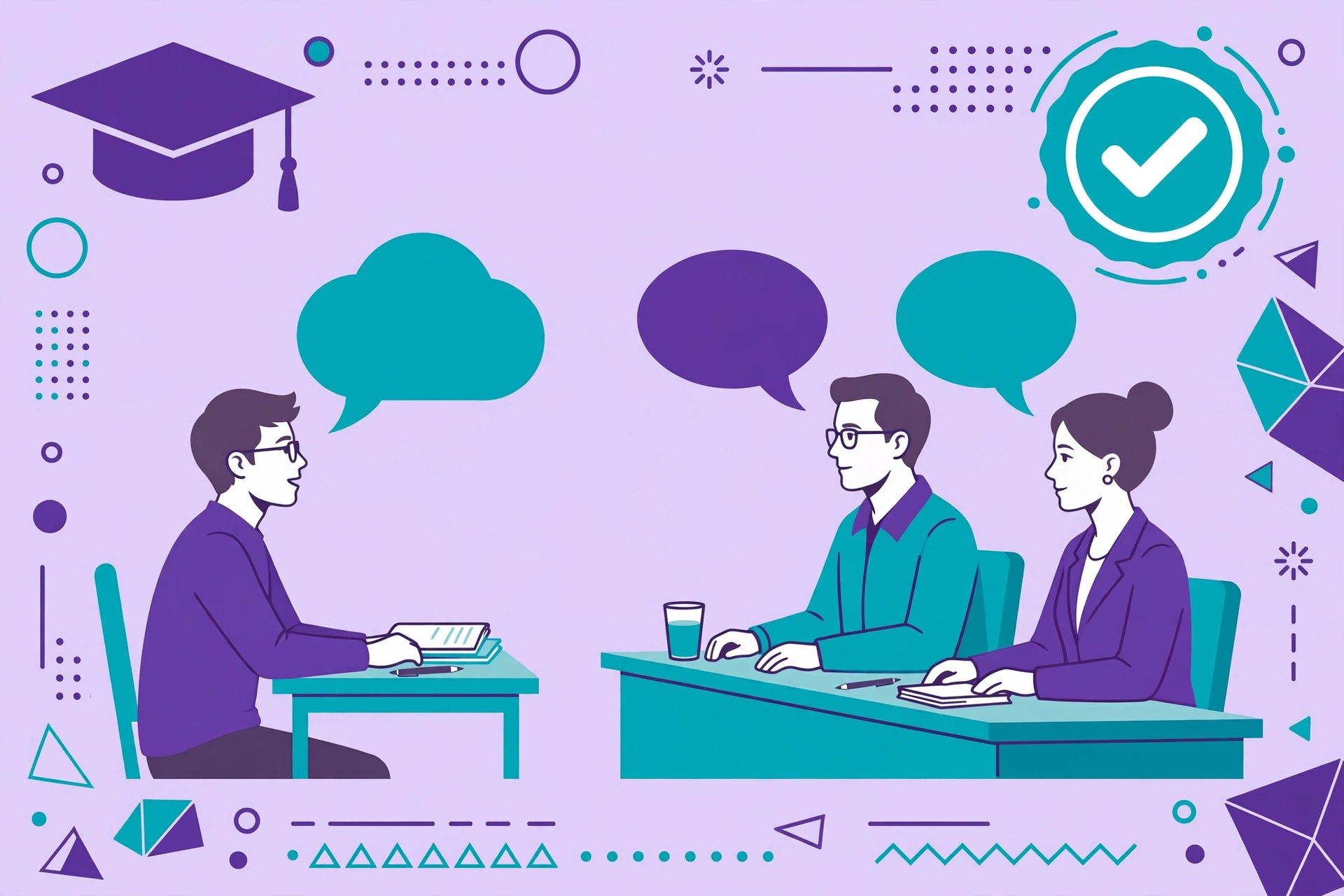 Illustration of a viva voce exam at a UK university with a student answering examiners' questions